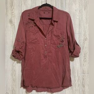 Dear John Maroon Floral Embroidered Roll Tab Sleeve Pop Over Blouse Top